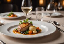 Guide Michelin : nouvelles étoiles et adresses Bib Gourmand dessinent la gastronomie française Illustration générée par IA d'un plat gastronomique dressé dans un restaurant français, ne représente pas un établissement réel