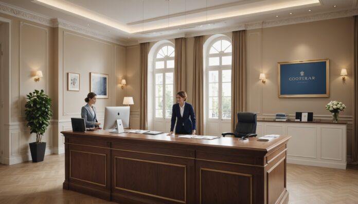 Conseiller France services accueillant un usager au guichet Guichet d'accueil d'une maison France services avec un conseiller aidant un usager lors des journées portes ouvertes