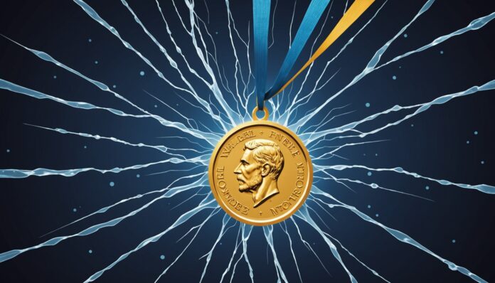 Semaine des prix Nobel 2026 : médecine et physique déjà récompensées Illustration éditoriale de la semaine des prix Nobel 2026, médaille dorée, neurone lumineux et trace de neutrino