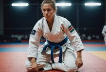 Clarisse Agbégnénou aux Mondiaux de judo : une défaite qui raconte un retour hors norme Illustration generee par IA d'une judokate en competition, ne represente pas une personne reelle