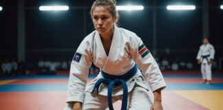 Clarisse Agbégnénou aux Mondiaux de judo : une défaite qui raconte un retour hors norme Illustration generee par IA d'une judokate en competition, ne represente pas une personne reelle