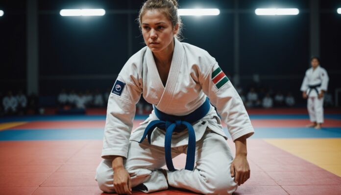Illustration generee par IA d'une judokate en competition, ne represente pas une personne reelle