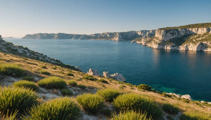 Marseille capitale française de la biodiversité Littoral méditerranéen restauré près de Marseille, illustration générée par IA