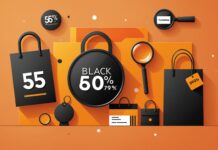 Black Friday : date officielle, durée des promos et règles à connaître avant d’acheter Illustration de sacs de shopping et d'étiquettes de réduction pour le Black Friday