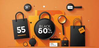 Black Friday : date officielle, durée des promos et règles à connaître avant d’acheter Illustration de sacs de shopping et d'étiquettes de réduction pour le Black Friday