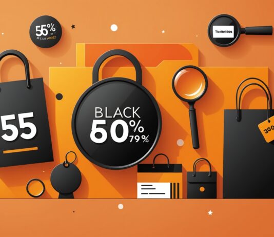 Black Friday : date officielle, durée des promos et règles à connaître avant d’acheter Illustration de sacs de shopping et d'étiquettes de réduction pour le Black Friday