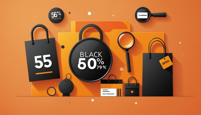 Illustration de sacs de shopping et d'étiquettes de réduction pour le Black Friday