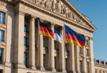 Visite d’État allemande en France : ce que Steinmeier et Macron ont vraiment mis sur la table Drapeaux français et allemand flottant devant un bâtiment officiel, symbole de la visite d'État franco-allemande