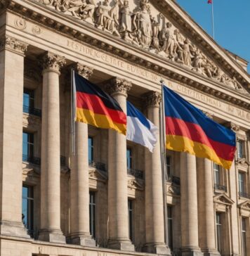 Visite d’État allemande en France : ce que Steinmeier et Macron ont vraiment mis sur la table Drapeaux français et allemand flottant devant un bâtiment officiel, symbole de la visite d'État franco-allemande