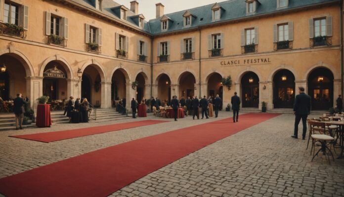 Village de festival de cinéma classique au coucher du soleil Ambiance de festival de cinéma patrimonial avec bobines de film et tapis rouge