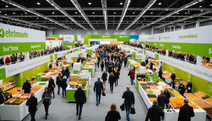 Salon international de l'alimentation SIAL Paris à Villepinte Allée d'un salon professionnel de l'alimentation avec stands d'exposition