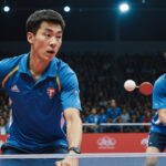 Tennis de table : les frères Lebrun conservent leur titre de champions d’Europe en double Deux joueurs de tennis de table en maillot bleu disputant un match de double