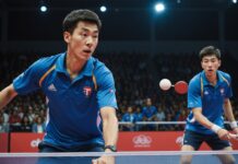 Tennis de table : les frères Lebrun conservent leur titre de champions d’Europe en double Deux joueurs de tennis de table en maillot bleu disputant un match de double