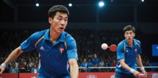 Tennis de table : les frères Lebrun conservent leur titre de champions d’Europe en double Deux joueurs de tennis de table en maillot bleu disputant un match de double