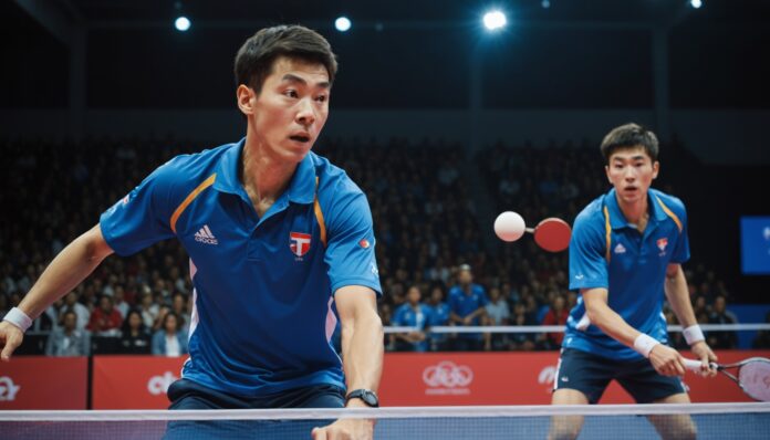 Deux joueurs de tennis de table en maillot bleu disputant un match de double