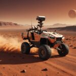 Le rover Perseverance bat le record de distance jamais parcourue sur Mars Illustration générée par IA d'un rover d'exploration roulant sur le sol rocheux de Mars, à vocation illustrative