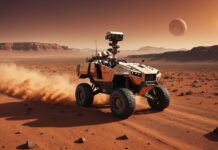 Le rover Perseverance bat le record de distance jamais parcourue sur Mars Illustration générée par IA d'un rover d'exploration roulant sur le sol rocheux de Mars, à vocation illustrative
