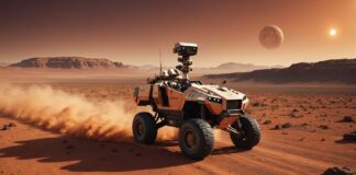 Le rover Perseverance bat le record de distance jamais parcourue sur Mars Illustration générée par IA d'un rover d'exploration roulant sur le sol rocheux de Mars, à vocation illustrative