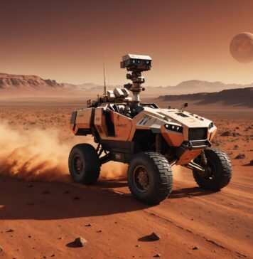 Le rover Perseverance bat le record de distance jamais parcourue sur Mars Illustration générée par IA d'un rover d'exploration roulant sur le sol rocheux de Mars, à vocation illustrative