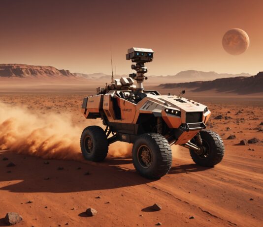 Le rover Perseverance bat le record de distance jamais parcourue sur Mars Illustration générée par IA d'un rover d'exploration roulant sur le sol rocheux de Mars, à vocation illustrative