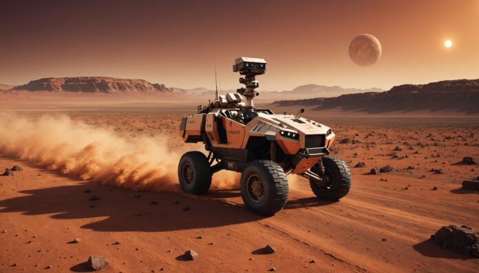 Illustration d'un rover roulant sur Mars Illustration générée par IA d'un rover d'exploration roulant sur le sol rocheux de Mars, à vocation illustrative