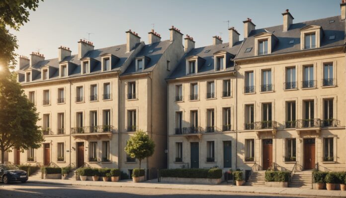 Hausse de la taxe foncière en France Illustration générée par IA : maisons françaises et hausse de la taxe foncière