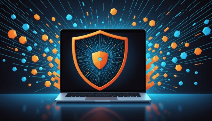 Antivirus : illustration d'une protection numérique Illustration générée par IA d'un bouclier numérique protégeant un ordinateur et un smartphone contre des virus informatiques