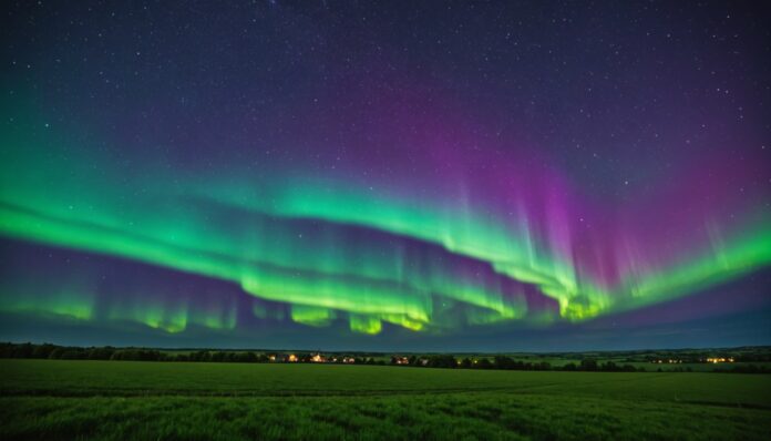 Aurore boréale verte et violette dans le ciel nocturne au-dessus d'une campagne française Aurores boréales vertes et violettes visibles dans le ciel nocturne en France