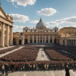 Le pape Léon XIV réapparaît en public après son opération pulmonaire Illustration generee par IA de la place Saint-Pierre au Vatican remplie de fideles