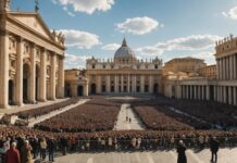 Le pape Léon XIV réapparaît en public après son opération pulmonaire Illustration generee par IA de la place Saint-Pierre au Vatican remplie de fideles