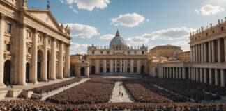 Le pape Léon XIV réapparaît en public après son opération pulmonaire Illustration generee par IA de la place Saint-Pierre au Vatican remplie de fideles