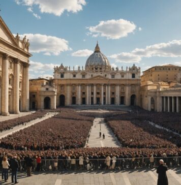 Le pape Léon XIV réapparaît en public après son opération pulmonaire Illustration generee par IA de la place Saint-Pierre au Vatican remplie de fideles