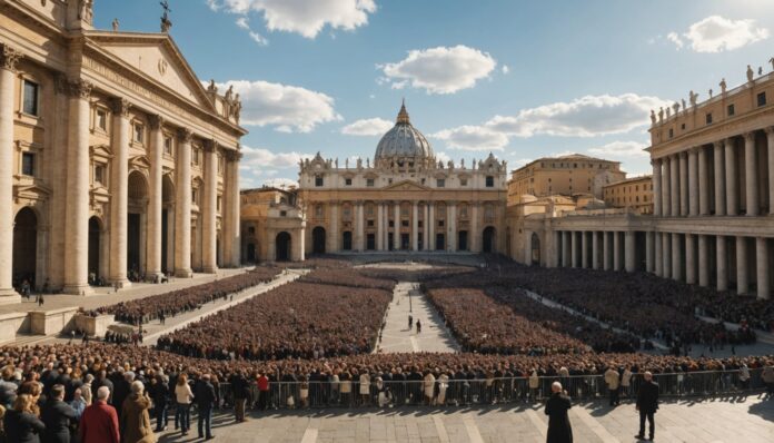 Place Saint-Pierre Vatican foule illustration IA Illustration generee par IA de la place Saint-Pierre au Vatican remplie de fideles