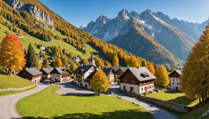 Village de montagne français en automne avec randonneurs Paysage de montagne française en automne, destination tendance pour les vacances