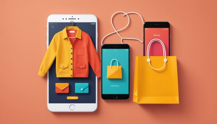Illustration seconde main et shopping en ligne Illustration générée par IA représentant un sac de shopping, un cintre et un smartphone, ne représente pas une marque réelle
