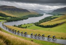 Tour de France : pourquoi le Grand Départ 2027 s’élance d’Écosse Illustration generee par IA d'un peloton cycliste traversant les Highlands ecossais, ne represente pas le Tour de France reel