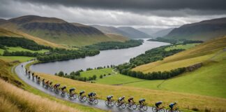 Tour de France : pourquoi le Grand Départ 2027 s’élance d’Écosse Illustration generee par IA d'un peloton cycliste traversant les Highlands ecossais, ne represente pas le Tour de France reel