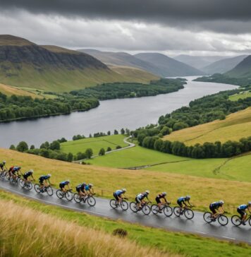 Tour de France : pourquoi le Grand Départ 2027 s’élance d’Écosse Illustration generee par IA d'un peloton cycliste traversant les Highlands ecossais, ne represente pas le Tour de France reel