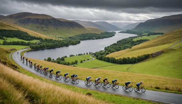 Peloton cycliste dans les Highlands écossais Illustration generee par IA d'un peloton cycliste traversant les Highlands ecossais, ne represente pas le Tour de France reel