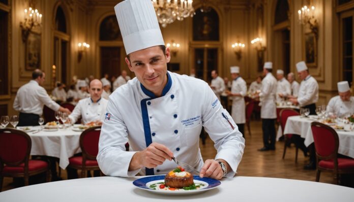 Chef cuisinier recevant une distinction culinaire lors d'une cérémonie élégante