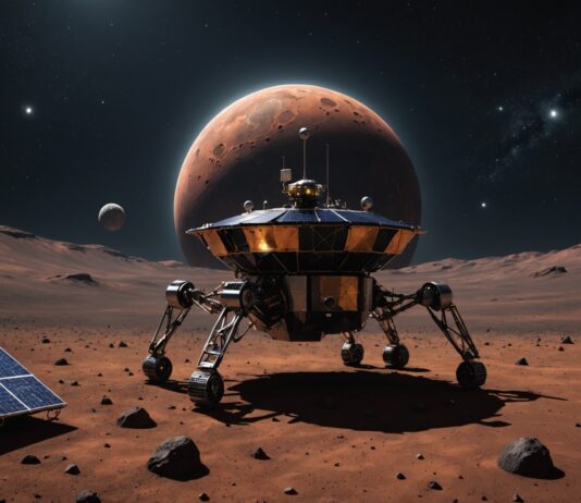Phobos : une mission spatiale inédite part percer le mystère de la lune de Mars Illustration générée par IA d'une sonde spatiale s'approchant de Phobos, lune de Mars, ne représente pas le matériel réel