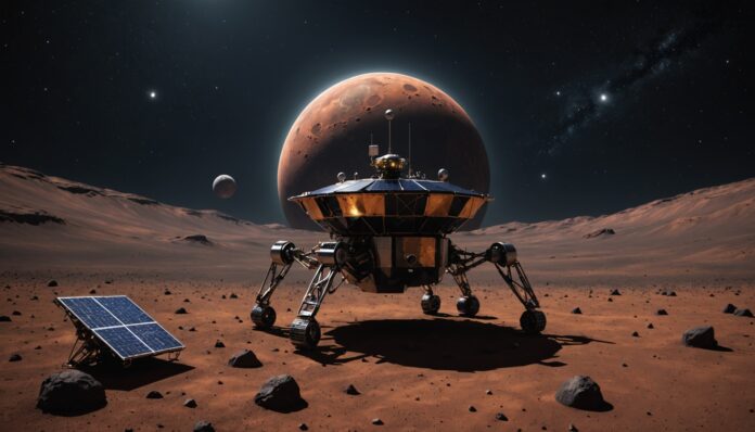 Illustration générée par IA d'une sonde spatiale s'approchant de Phobos, lune de Mars, ne représente pas le matériel réel