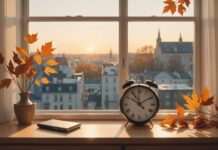 Changement d’heure : une date précoce, un débat européen toujours bloqué Illustration d'une horloge posée sur un rebord de fenêtre à l'aube, symbole du passage à l'heure d'hiver