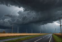 Tempête Austen : des milliers de foyers privés d’électricité dans le nord-ouest de la France Illustration d'une tempête d'automne avec pylônes électriques sous un ciel orageux en France