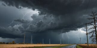 Tempête Austen : des milliers de foyers privés d’électricité dans le nord-ouest de la France Illustration d'une tempête d'automne avec pylônes électriques sous un ciel orageux en France