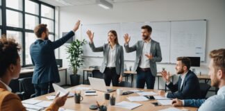 Loud working : la tendance qui succède au quiet quitting au bureau Open space de bureau avec des salariés rendant leur travail visible en réunion