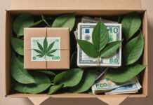 Mode à bas coût : ce que le malus environnemental change déjà pour les acheteurs Illustration de vêtements low-cost en carton d'expédition avec un label écologique et des billets, symbolisant le malus environnemental sur l'ultra fast-fashion