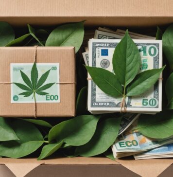 Mode à bas coût : ce que le malus environnemental change déjà pour les acheteurs Illustration de vêtements low-cost en carton d'expédition avec un label écologique et des billets, symbolisant le malus environnemental sur l'ultra fast-fashion