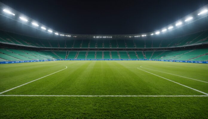 Stade de football illuminé de nuit, illustration generee par IA