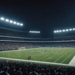 Football américain : la NFL s’installe pour la première fois au Stade de France Stade illuminé de nuit pendant un match de football américain, tribunes pleines